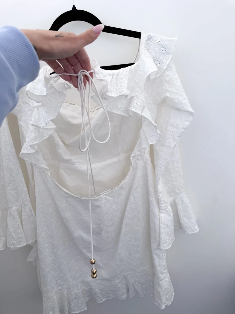 SABO LUXE White Eyelet Ruffle Mini Dress | Open Back | 100% Cotton | Size L - Picture 5 of 13